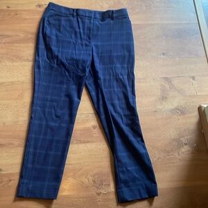 Navy blue plaid slim ankle notched hem pants
